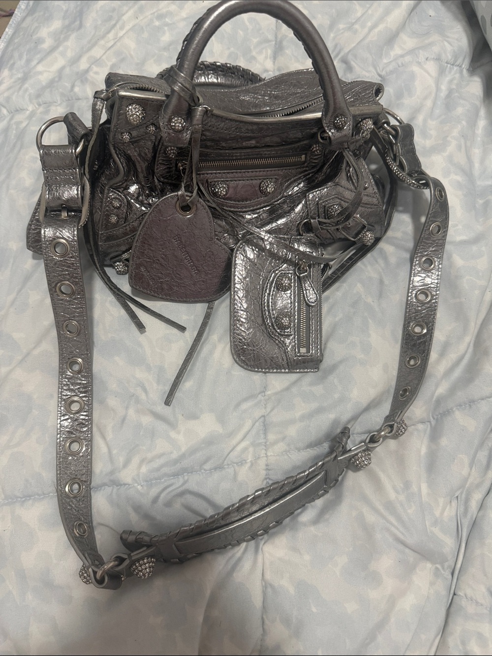 Balenciaga Metallic Charcoal City Satchel with Studded Strap